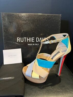 Ruthie Davis Summit Multicolor Suede T-Strap Platform Sandal with Red Heel